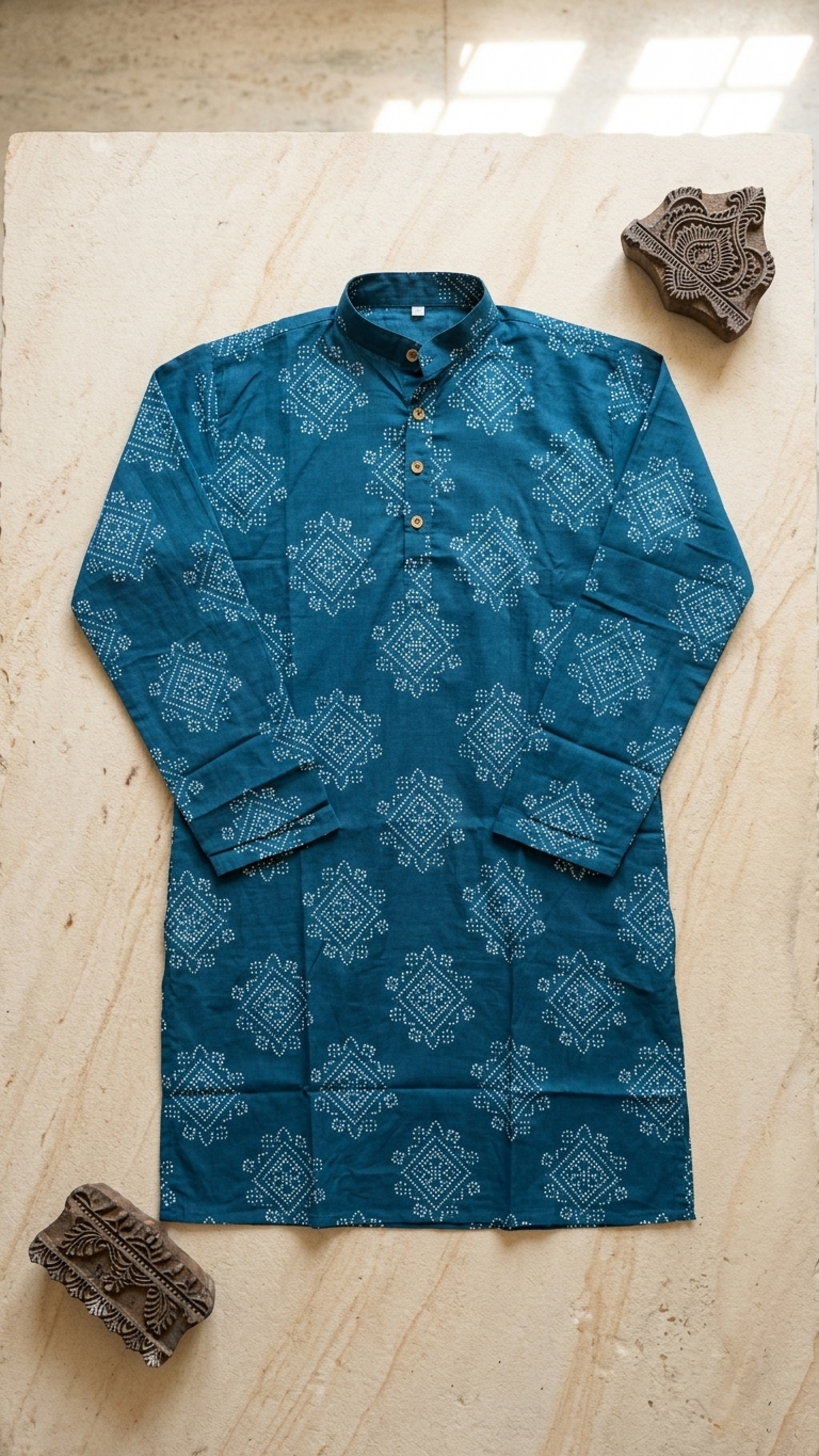 Teal Blue Bandhani Printed Men's Full Sleeves Cotton Long Kurta