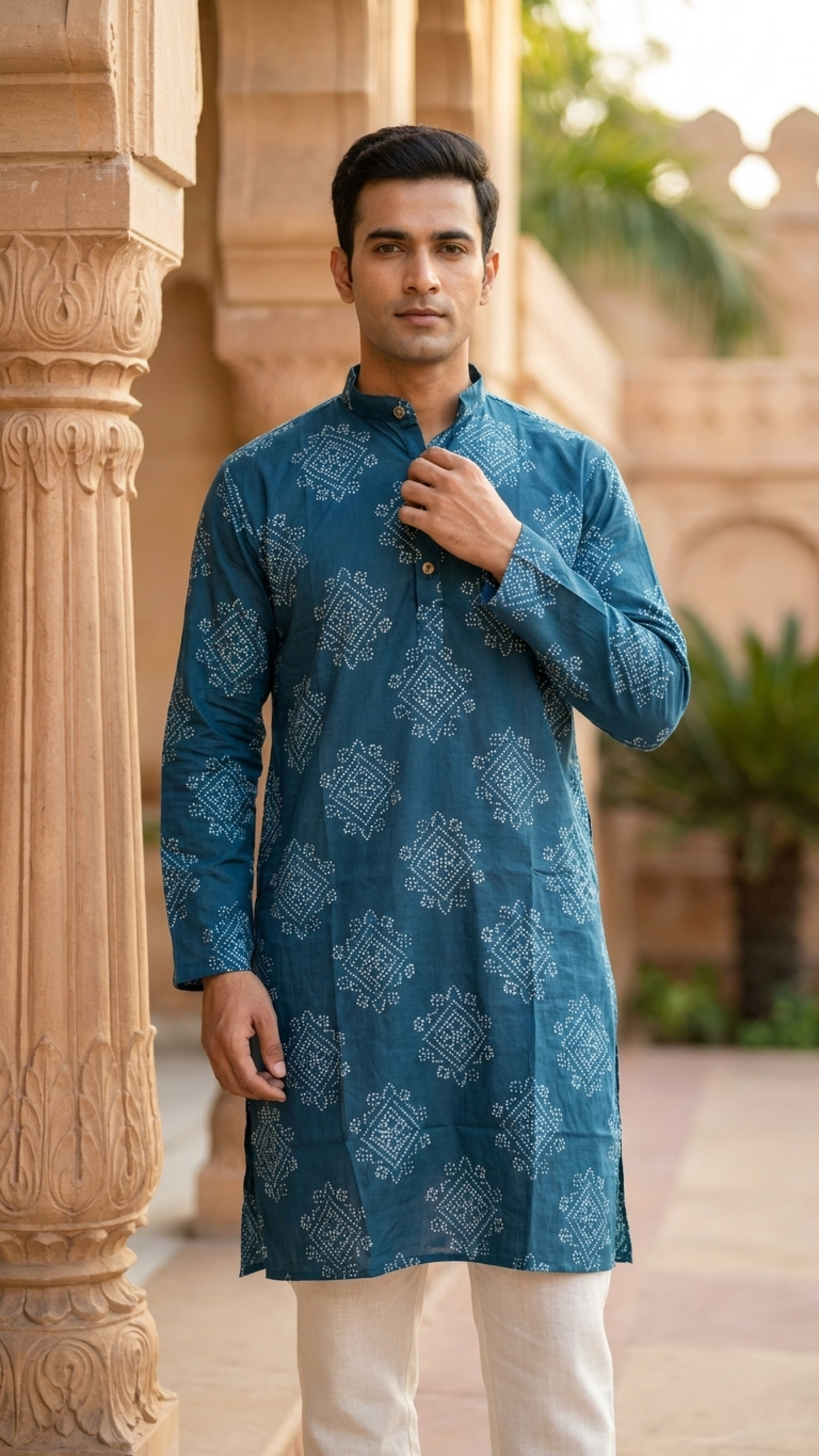Teal Blue Bandhani Printed Men's Full Sleeves Cotton Long Kurta