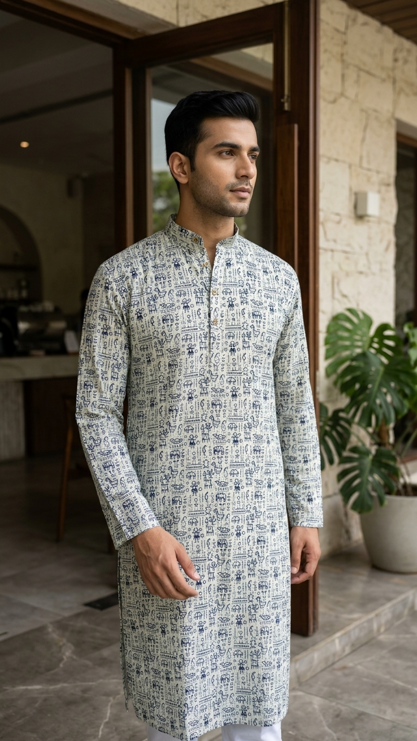 Grey Blue Folk Print Men's Full Sleeves Cotton Long Kurta