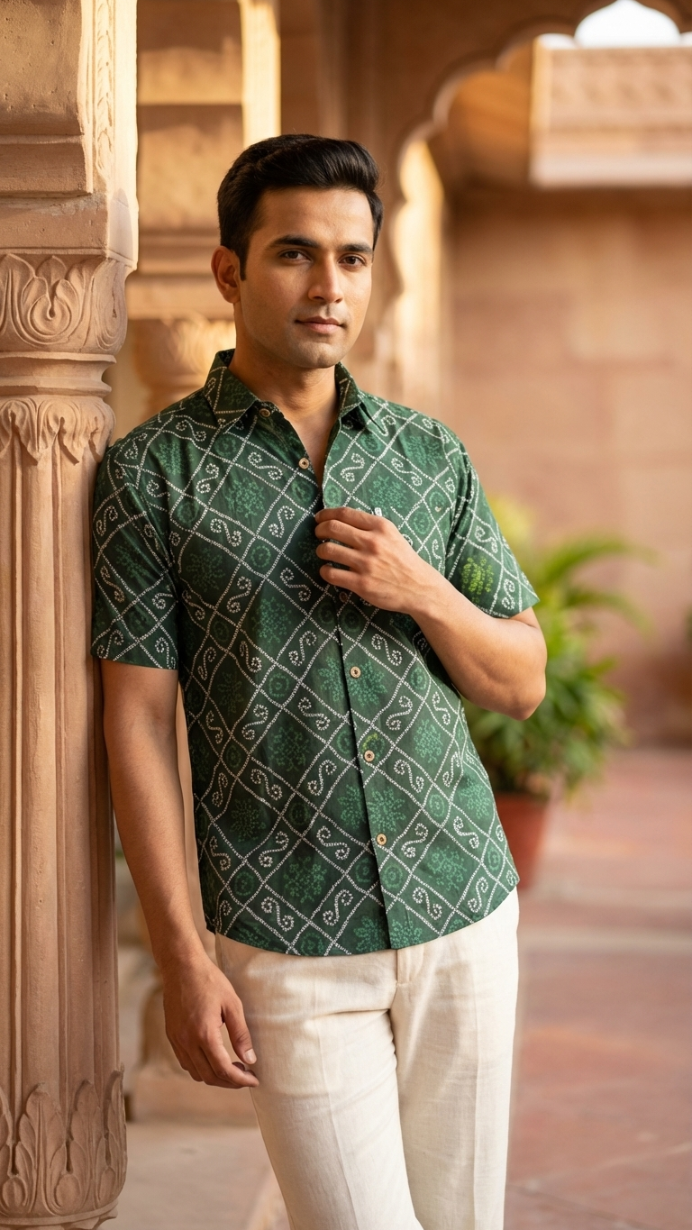 New Green Bandhani/Bandhej Printed Mens Half Sleeves Cotton Shirt