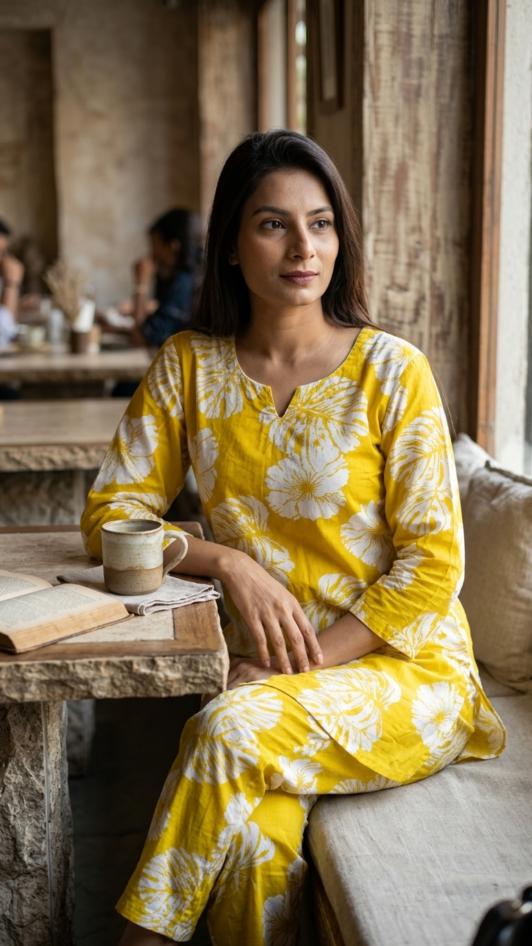 Mustard Palm Leaves printed Cotton Co-Ord set