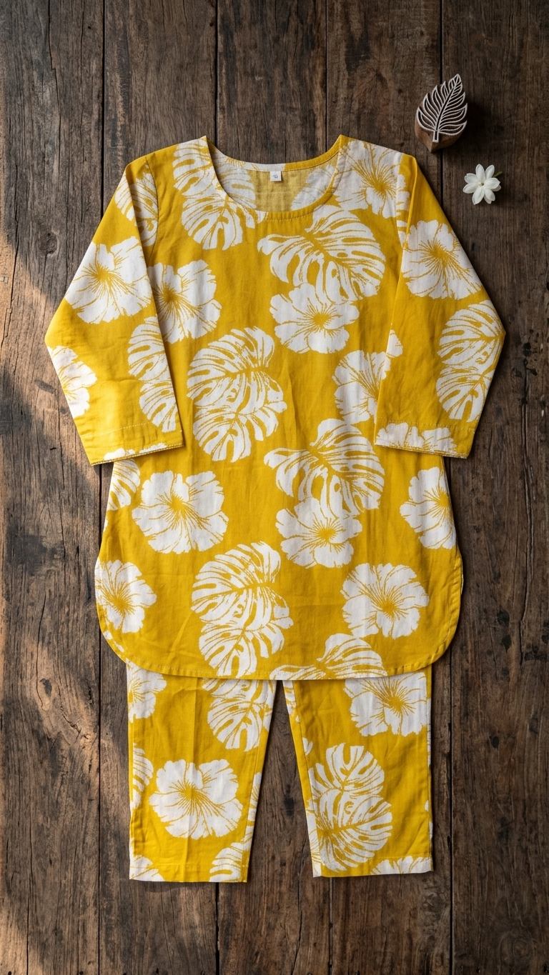 Mustard Palm Leaves printed Cotton Co-Ord set