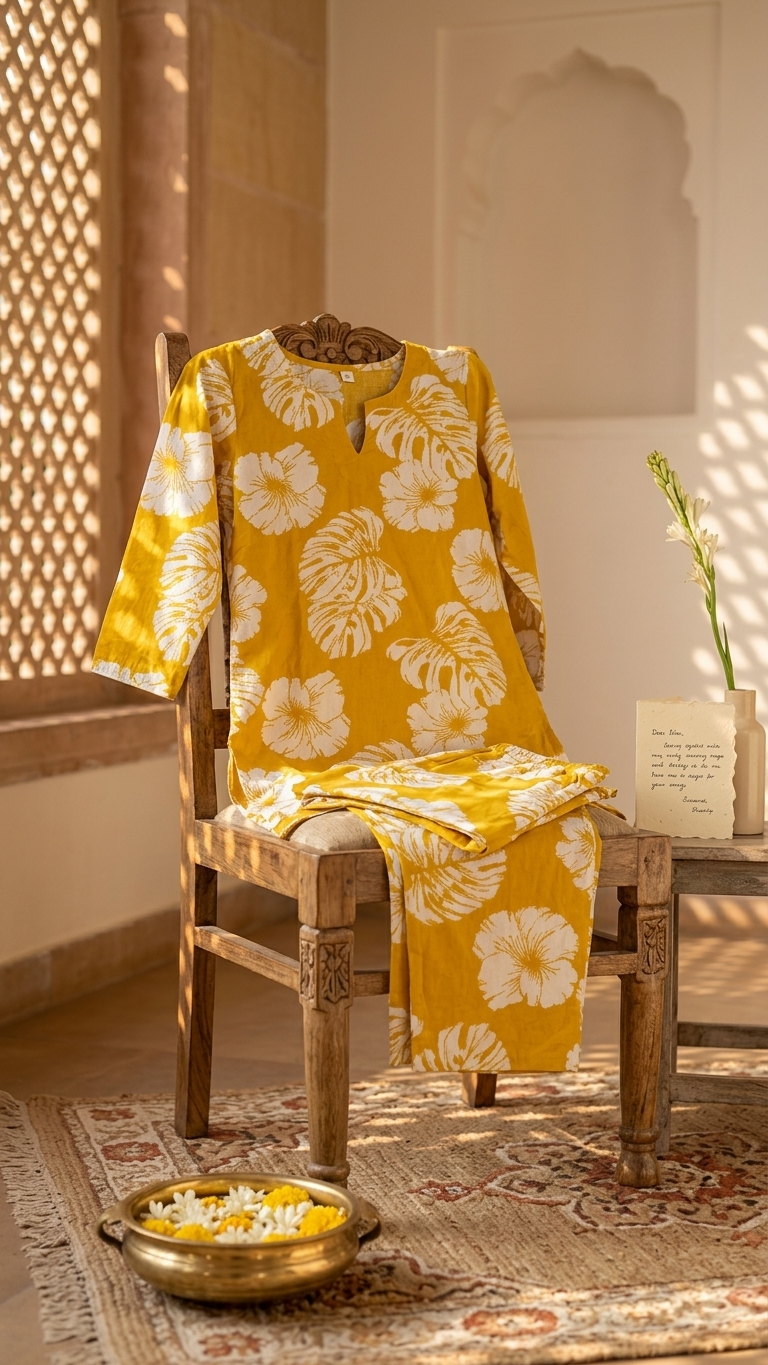 Mustard Palm Leaves printed Cotton Co-Ord set