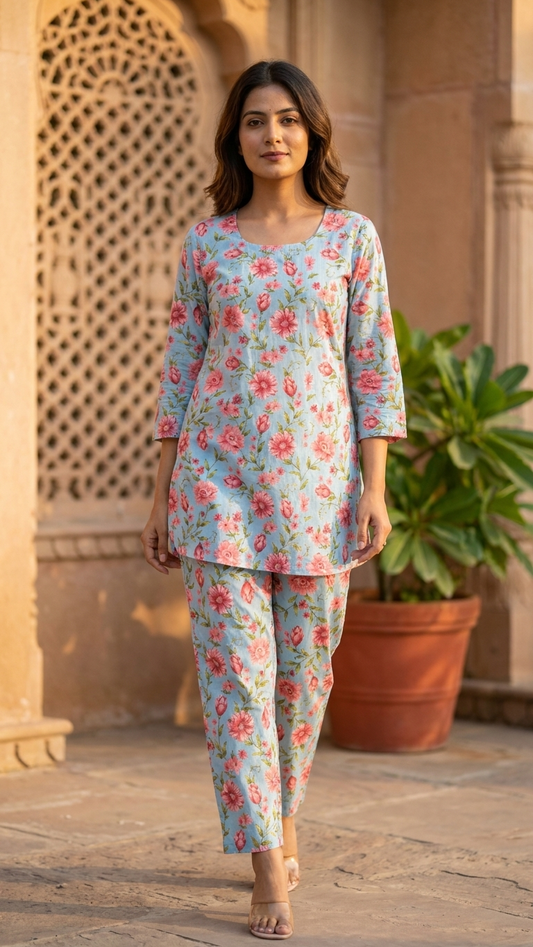 Sky Blue Pink Floral printed Cotton Co-Ord set