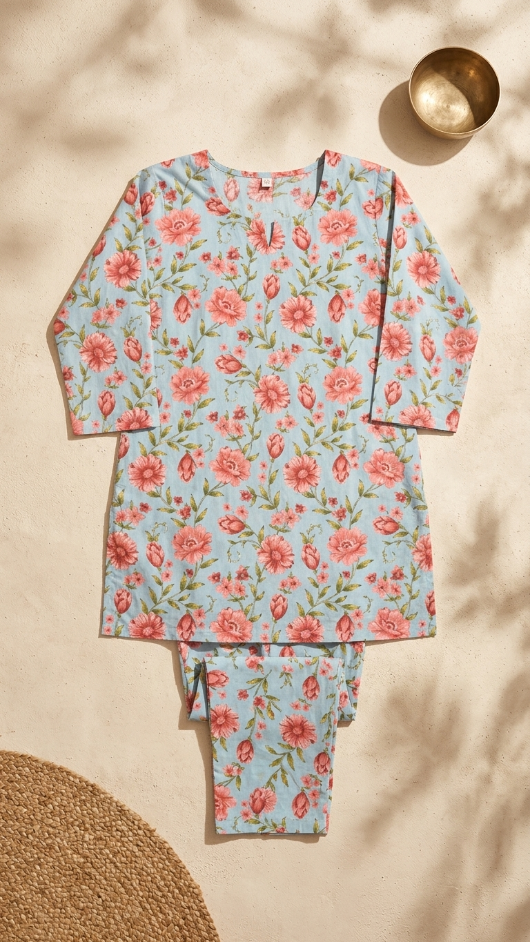 Sky Blue Pink Floral printed Cotton Co-Ord set