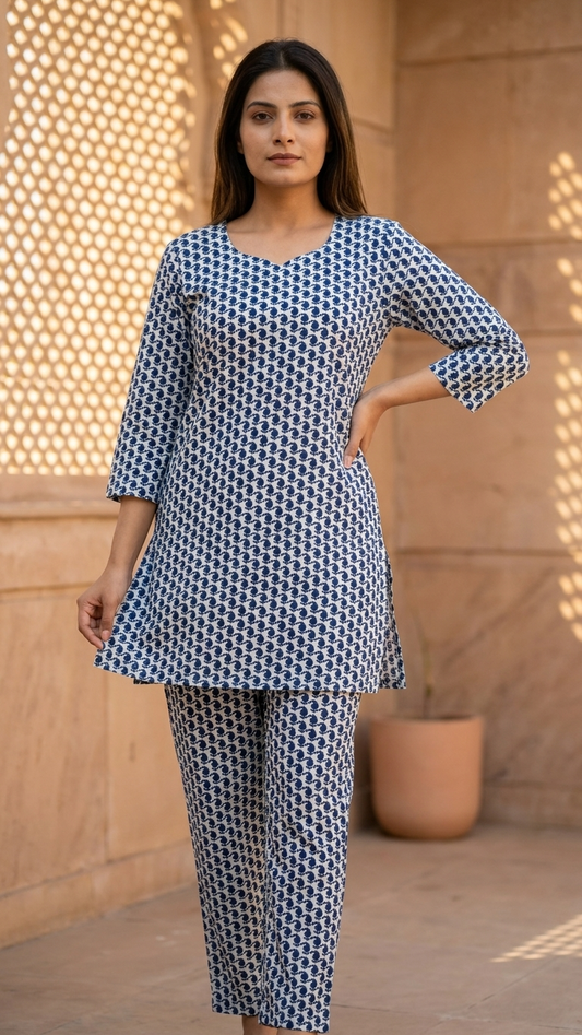Authentic White And Blue Ambiya printed Cotton Co-Ord set