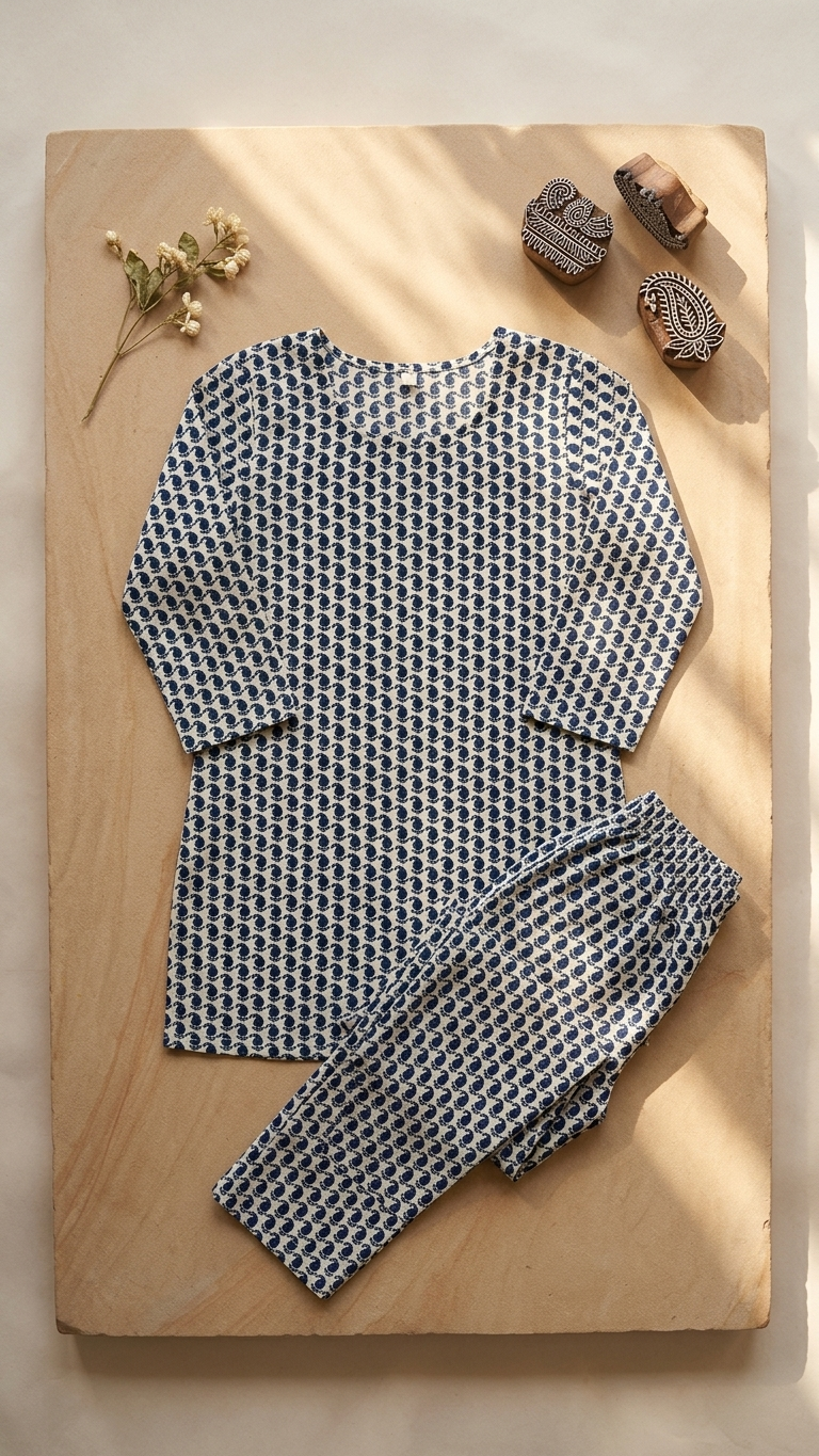 Authentic White And Blue Ambiya printed Cotton Co-Ord set