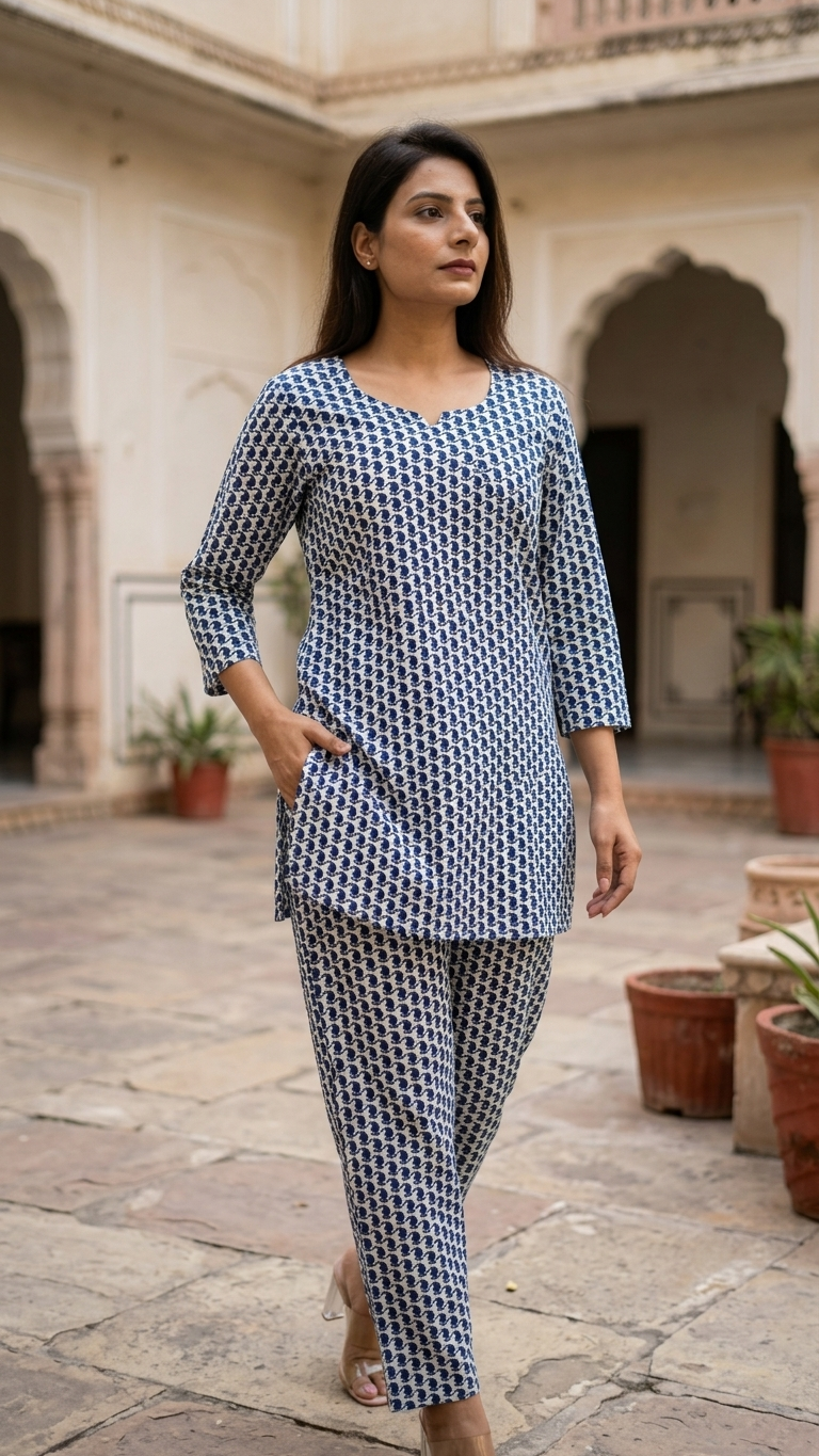 Authentic White And Blue Ambiya printed Cotton Co-Ord set