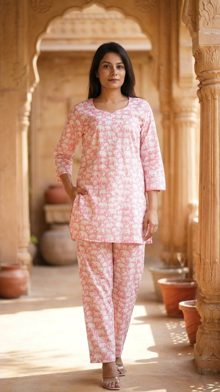 Pink Baby Elephant printed Cotton Co-Ord set