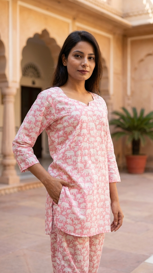 Pink Baby Elephant printed Cotton Co-Ord set