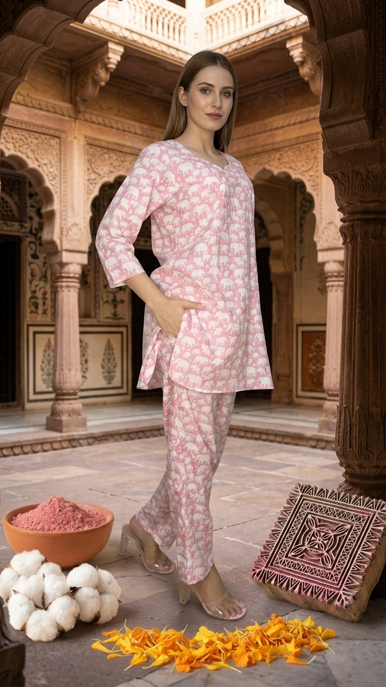 Pink Baby Elephant printed Cotton Co-Ord set
