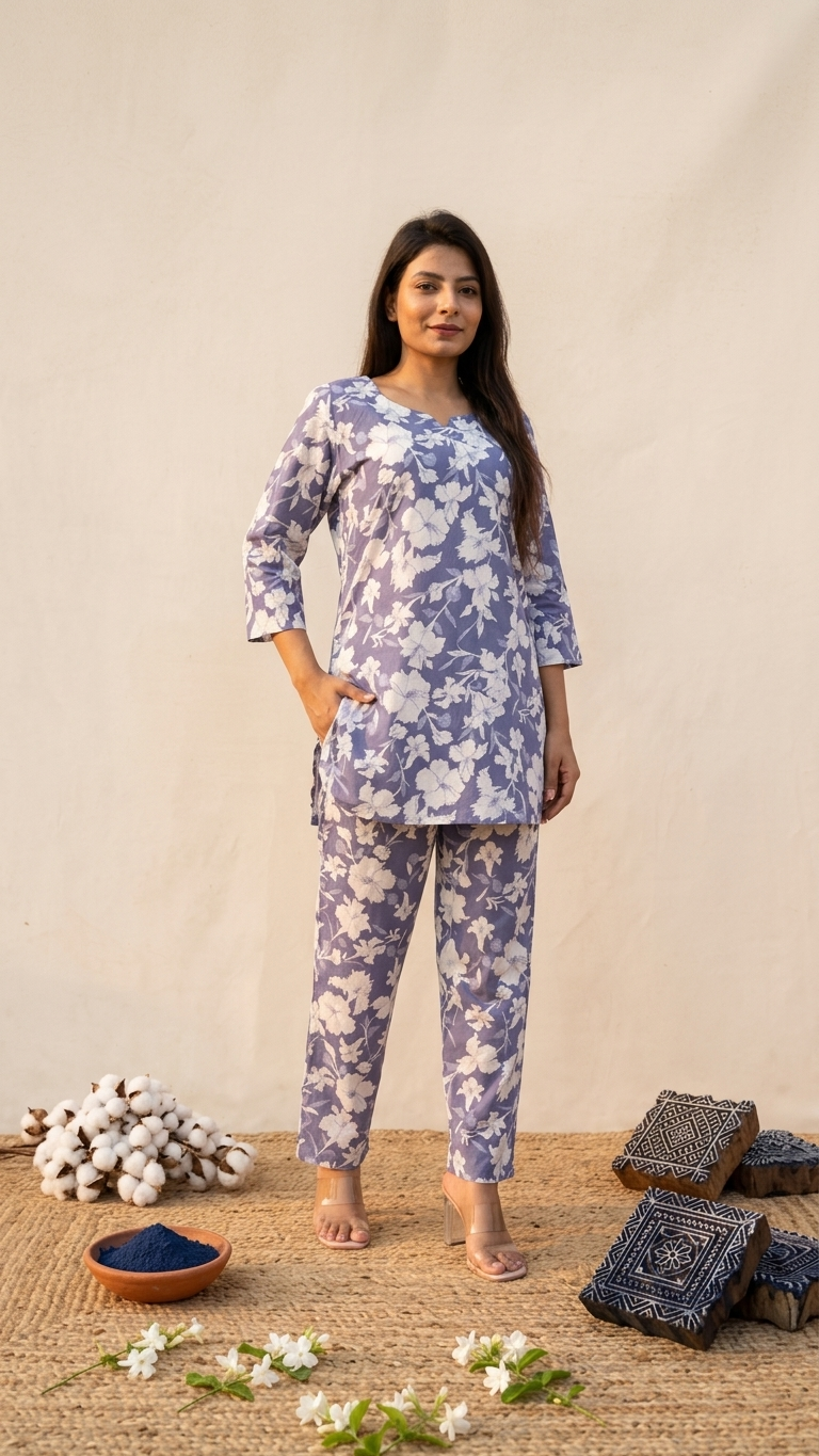 Lavender White Khadi Floral printed Cotton Co-Ord set