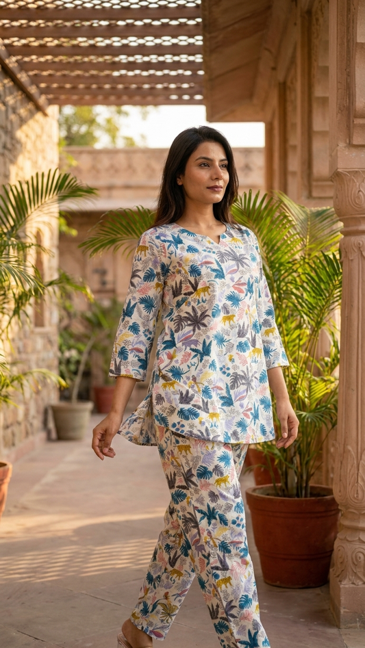 White Jungle printed Cotton Co-Ord set