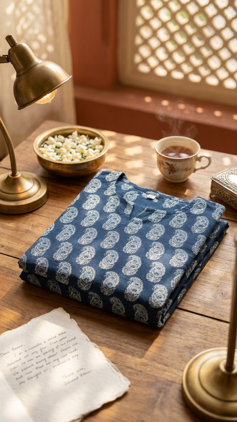 Indigo Paisley Block Print Cotton Short Kurti for Women