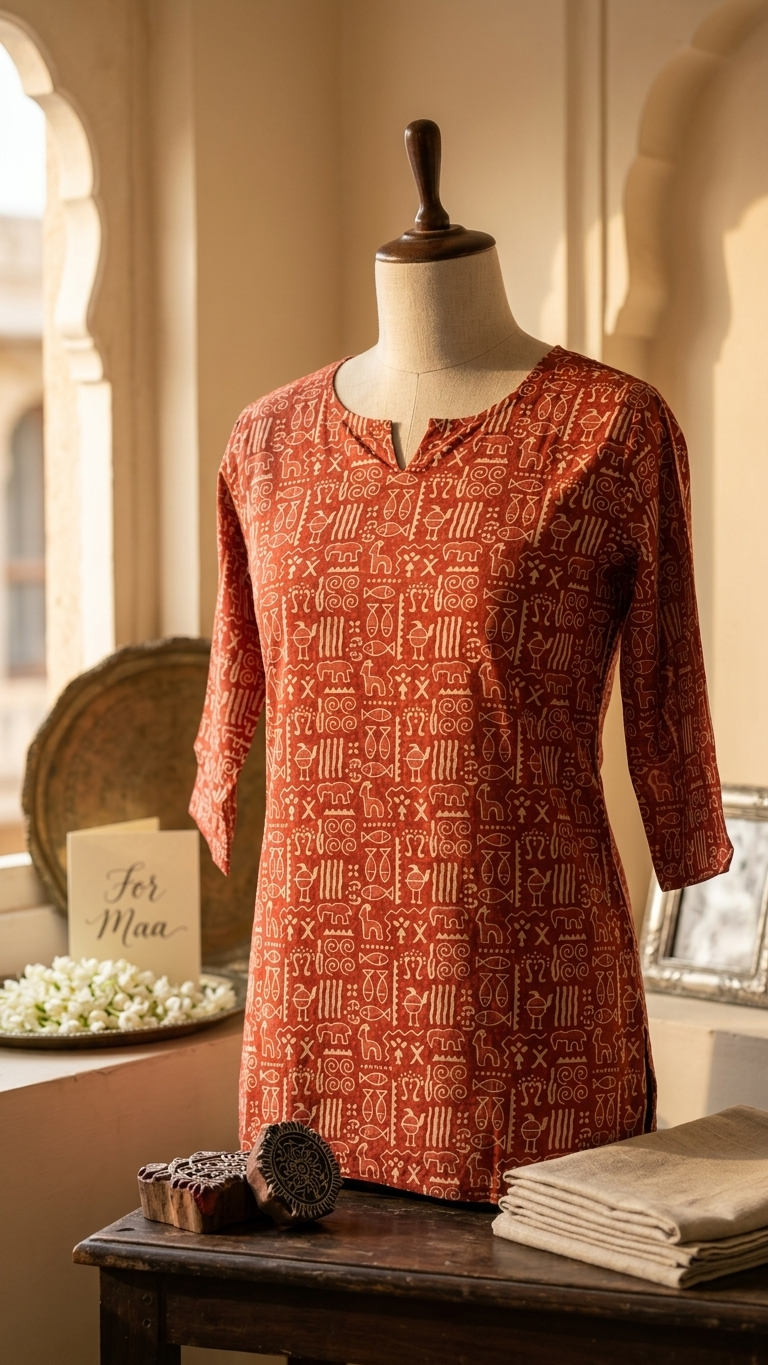Red Tribal Folk Art Print Cotton Short Kurti for Women