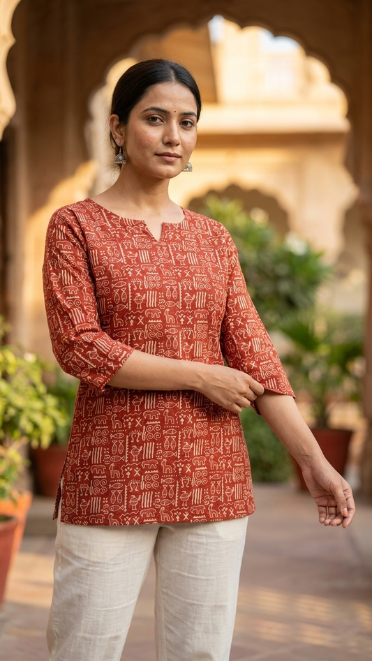 Red Tribal Folk Art Print Cotton Short Kurti for Women