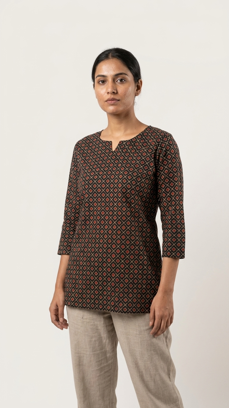 Black & Maroon Geometric Diamond Print Cotton Short Kurti for Women