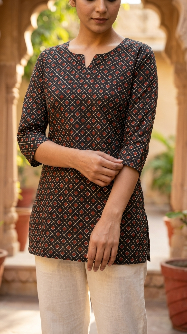 Black & Maroon Geometric Diamond Print Cotton Short Kurti for Women