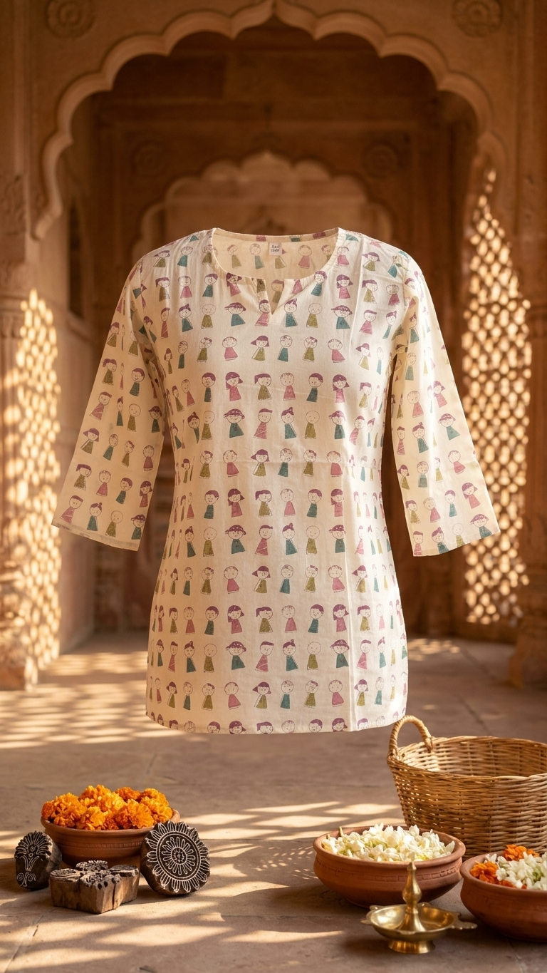 White Whimsical Hand-Block Doodle Print Cotton Short Kurti for Women