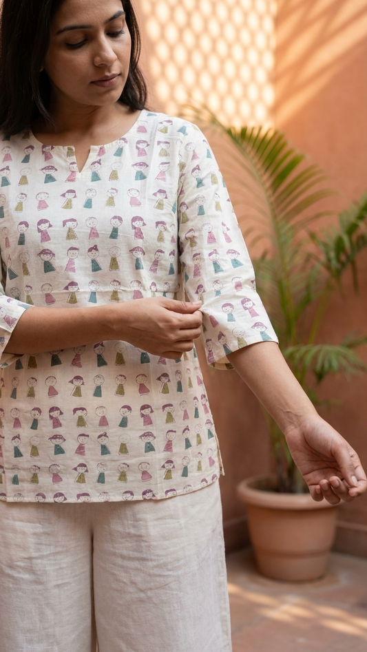 White Whimsical Hand-Block Doodle Print Cotton Short Kurti for Women