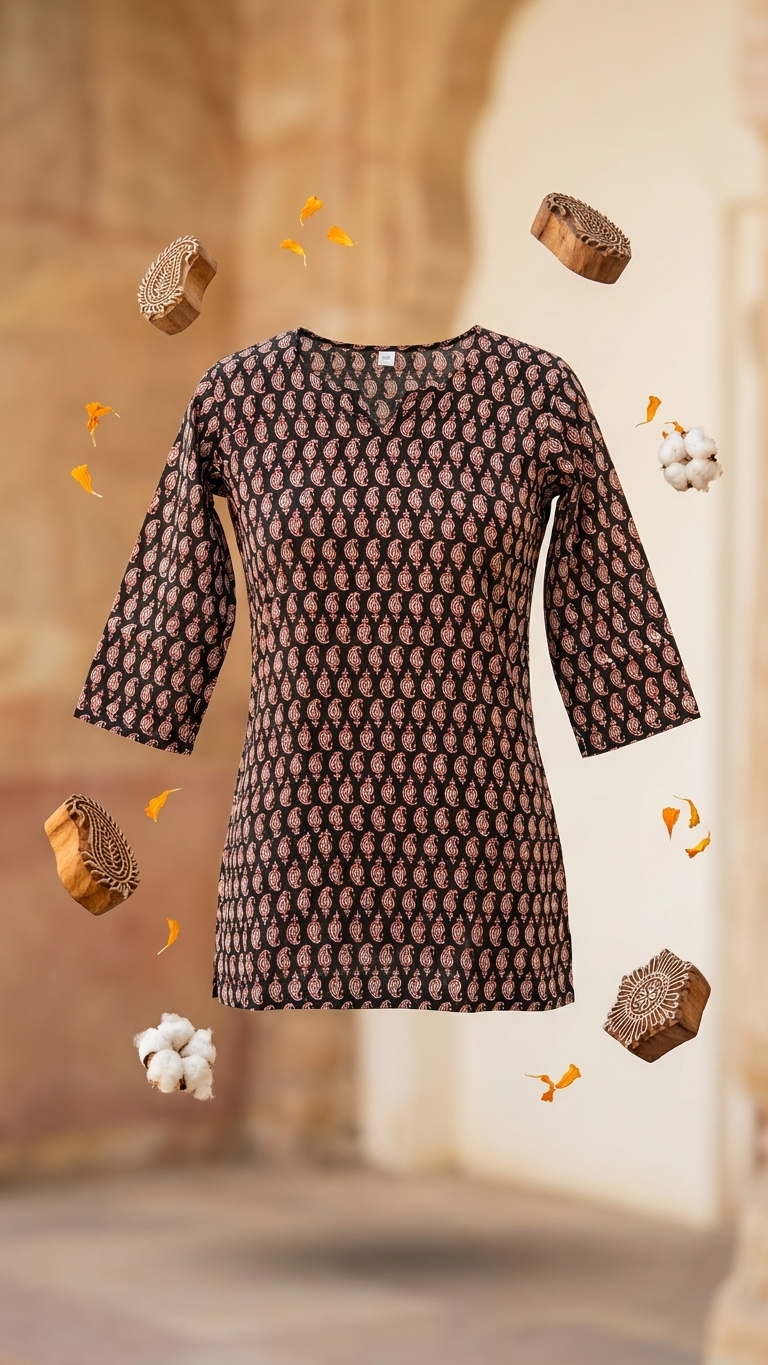 Black & Rust Paisley Buti Print Cotton Short Kurti for Women