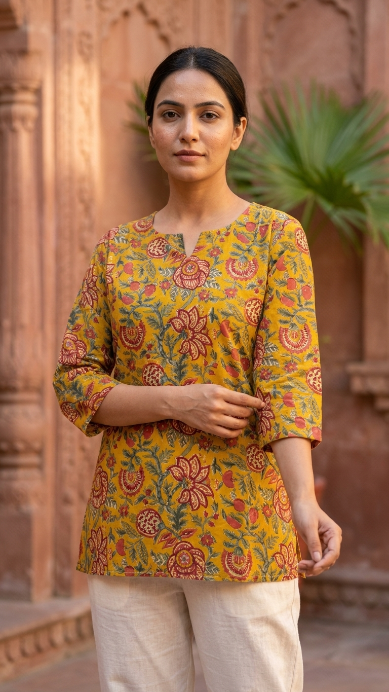Mustard Yellow Kalamkari Floral Print Cotton Short Kurti for Women