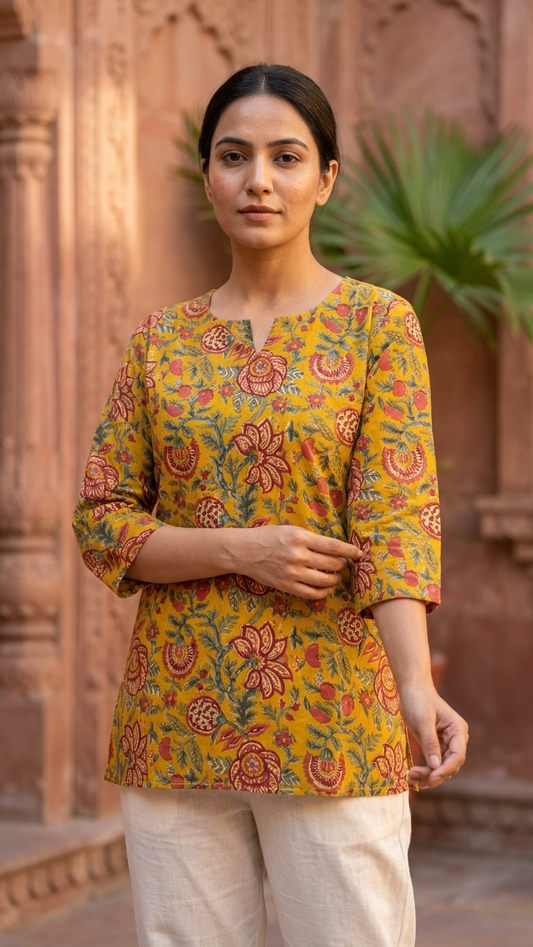 Mustard Yellow Kalamkari Floral Print Cotton Short Kurti for Women