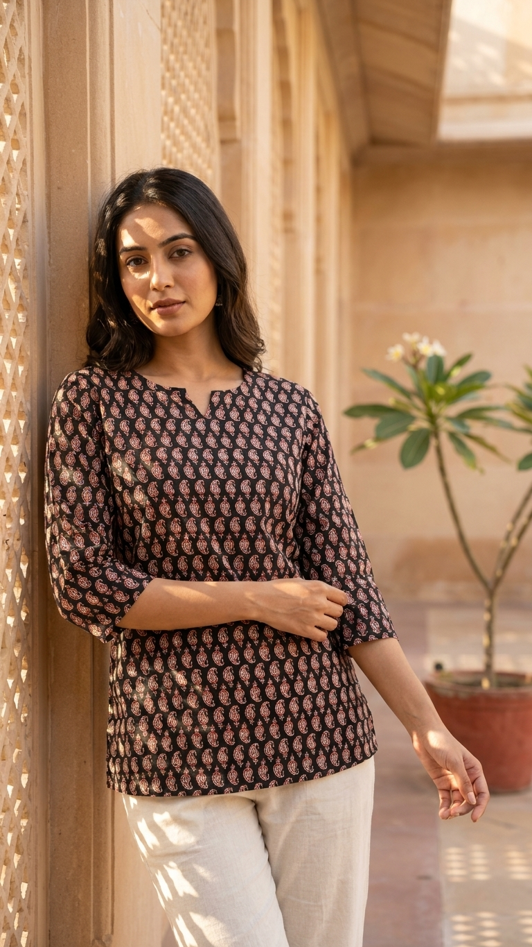Black & Rust Paisley Buti Print Cotton Short Kurti for Women