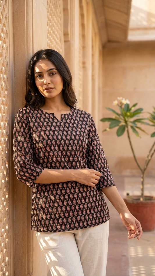 Black & Rust Paisley Buti Print Cotton Short Kurti for Women
