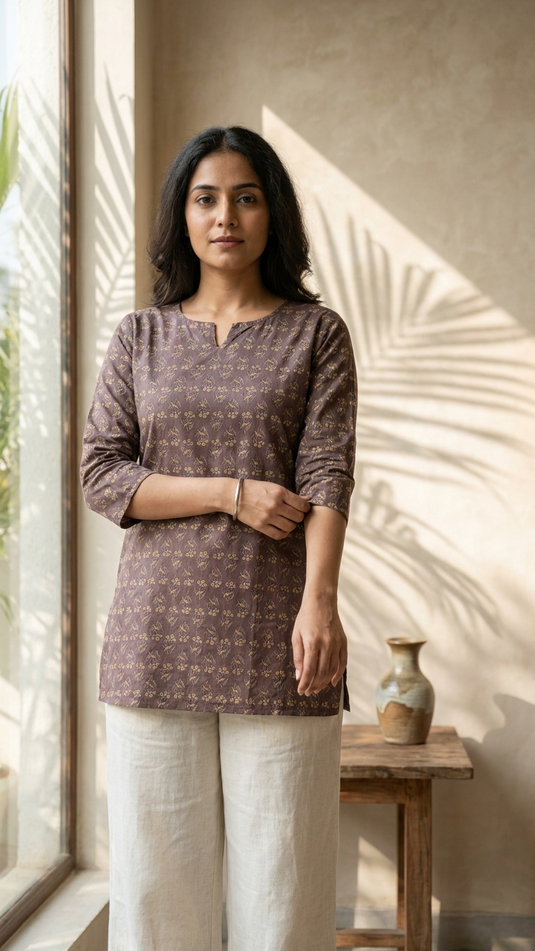 Taupe Brown Floral Buti Print Cotton Short Kurti for Women