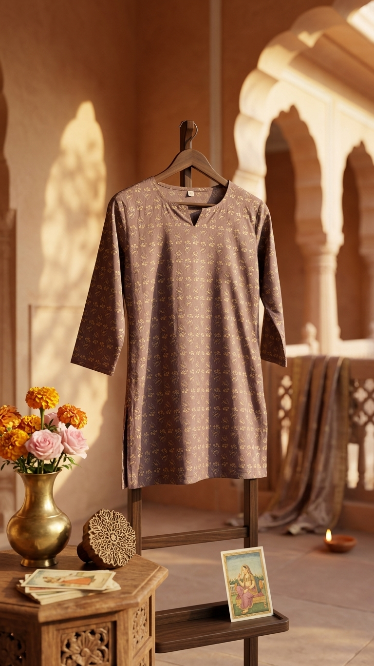Taupe Brown Floral Buti Print Cotton Short Kurti for Women