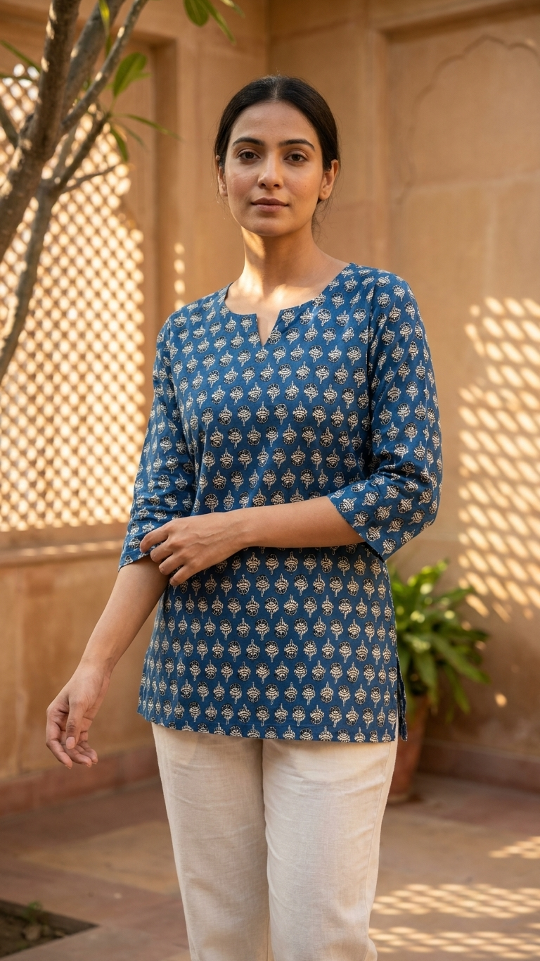 Indigo Blue Ethnic Buti Print Cotton Short Kurti for Women