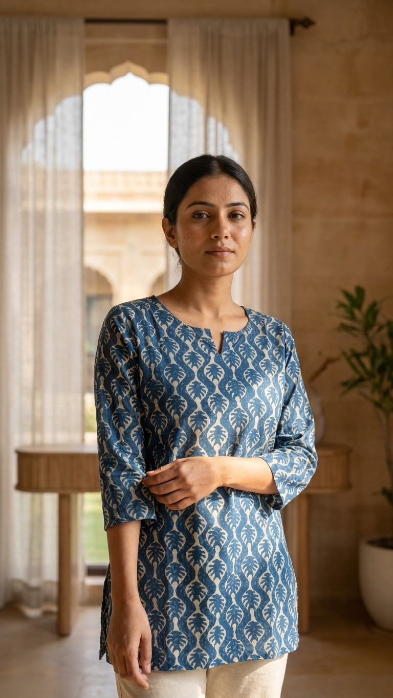 Blue Indigo Leaf Block Print Cotton Short Kurti for Women