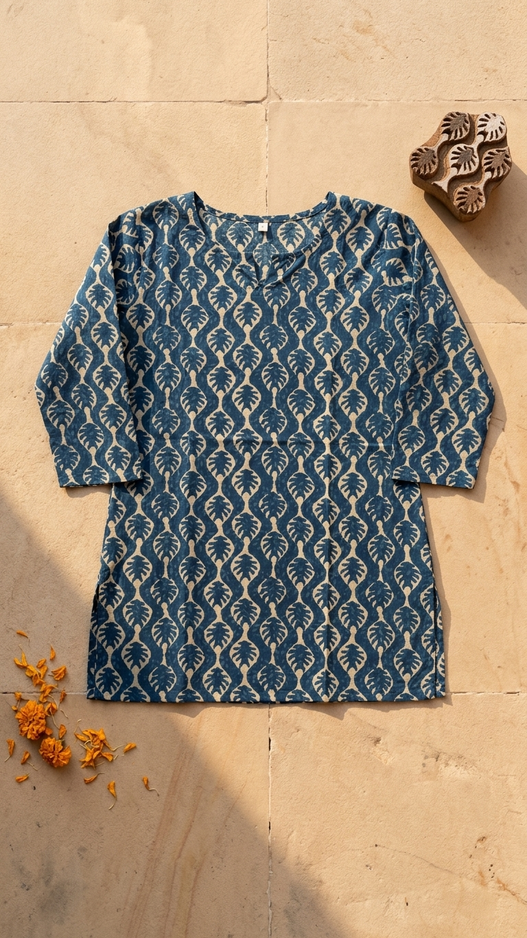 Blue Indigo Leaf Block Print Cotton Short Kurti for Women