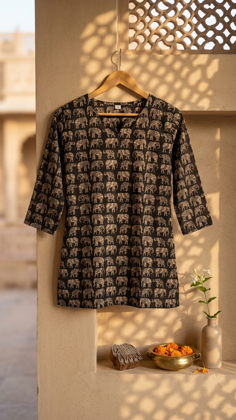 Black & Gold Elephant Block Print Cotton Short Kurti for Women