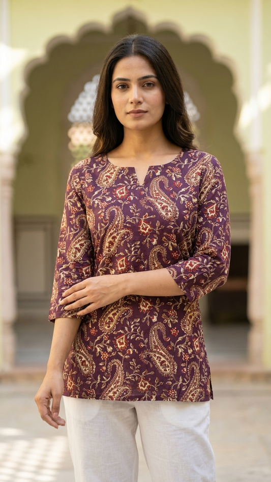 Wine Purple Paisley Floral Print Cotton Short Kurti for Women