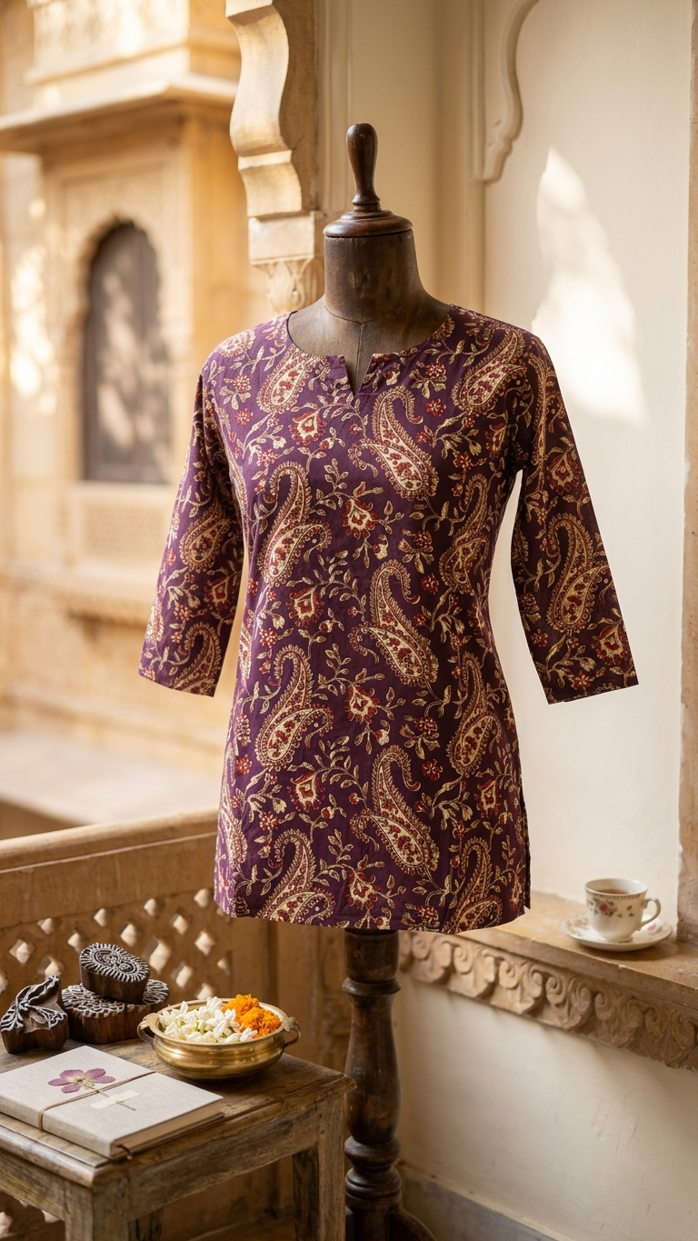 Wine Purple Paisley Floral Print Cotton Short Kurti for Women