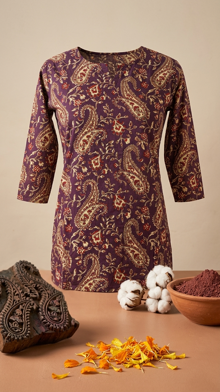 Wine Purple Paisley Floral Print Cotton Short Kurti for Women