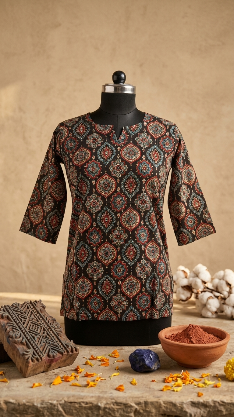 Black Ajrakh Geometric Print Cotton Short Kurti for Women