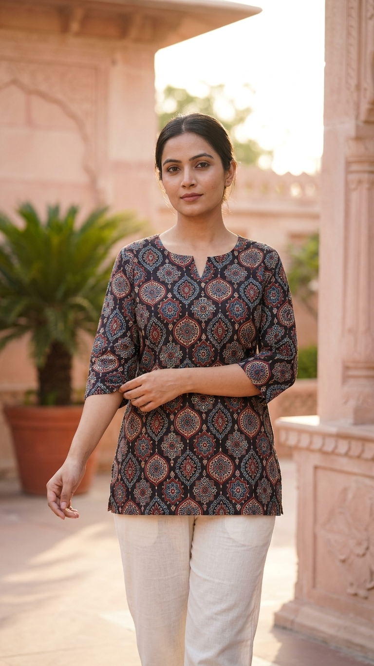 Black Ajrakh Geometric Print Cotton Short Kurti for Women