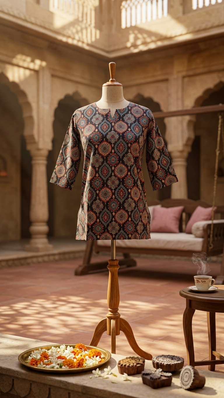 Black Ajrakh Geometric Print Cotton Short Kurti for Women