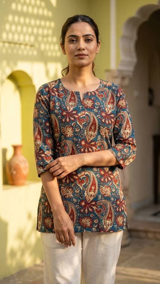 Teal Blue Kalamkari Paisley Print Cotton Short Kurti for Women