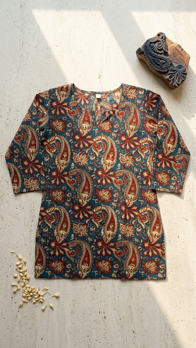 Teal Blue Kalamkari Paisley Print Cotton Short Kurti for Women