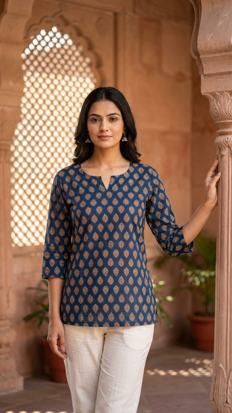 Indigo Buti Print Cotton Short Kurti for Women