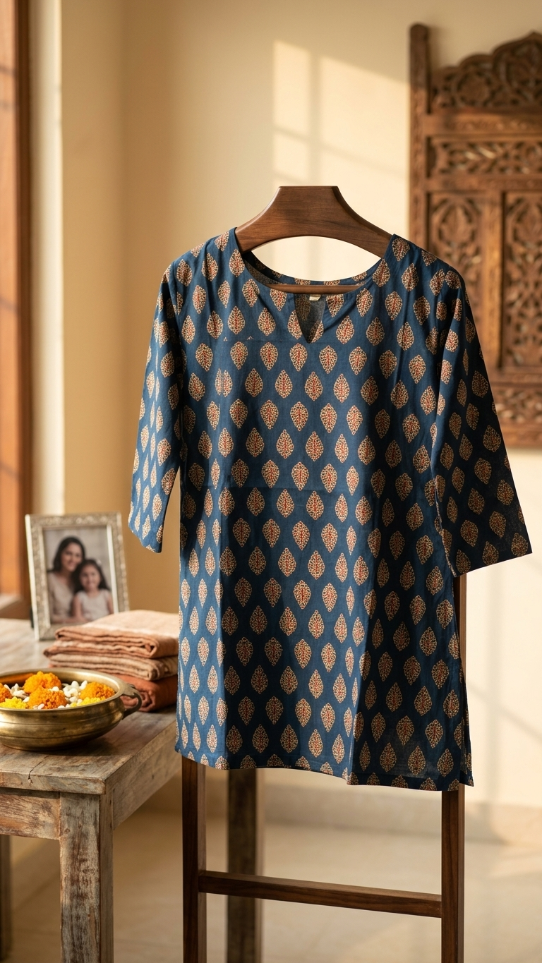 Indigo Buti Print Cotton Short Kurti for Women