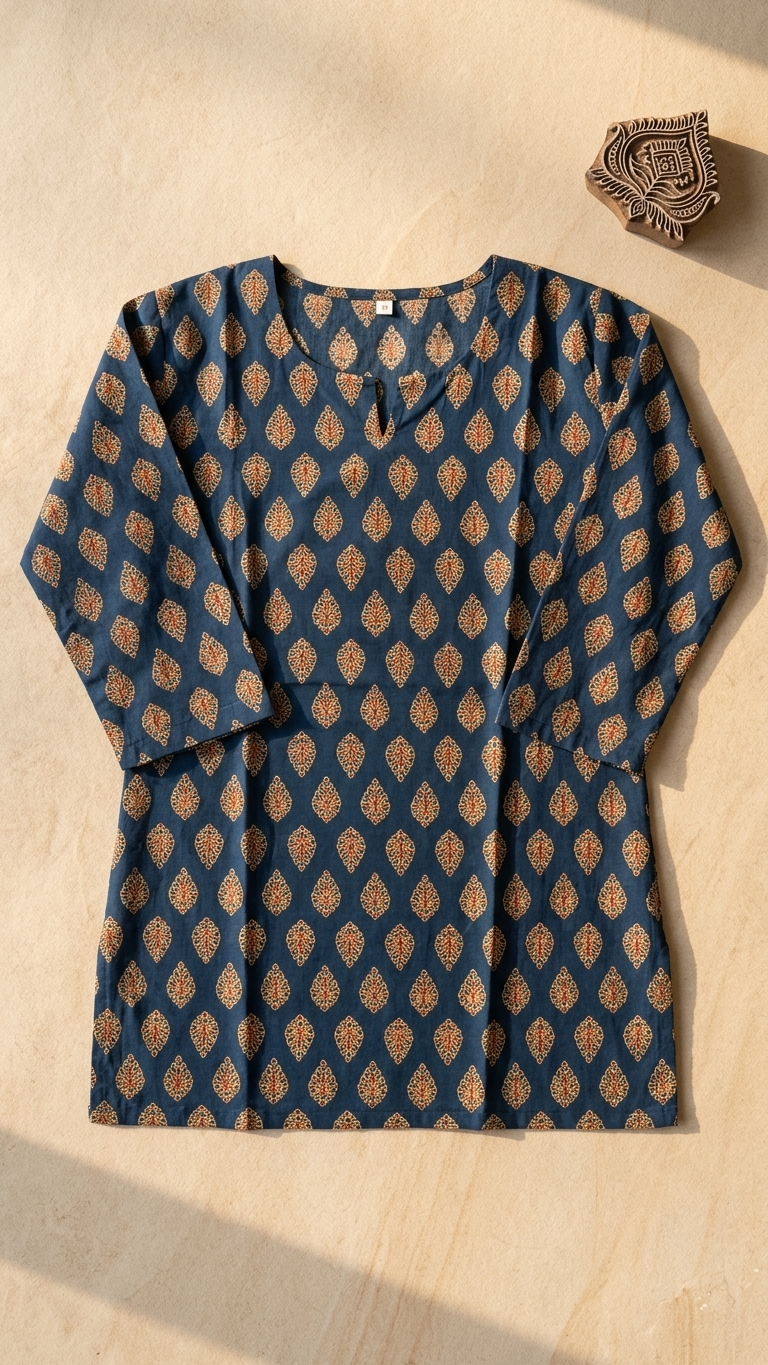 Indigo Buti Print Cotton Short Kurti for Women