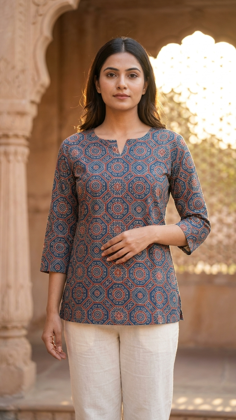 Blue Ajrakh Geometric Mandala Print Cotton Short Kurti for Women