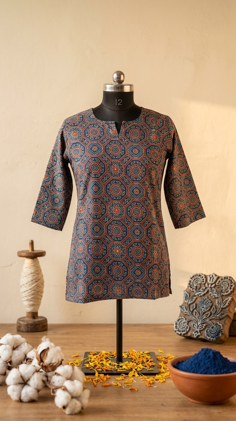 Blue Ajrakh Geometric Mandala Print Cotton Short Kurti for Women