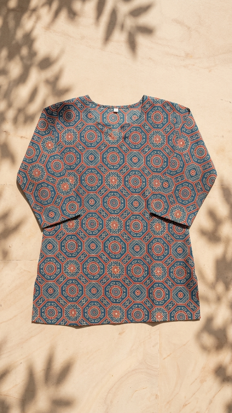 Blue Ajrakh Geometric Mandala Print Cotton Short Kurti for Women