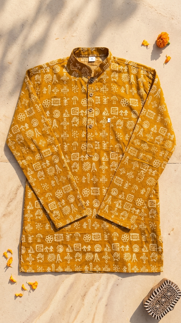 Mustard Tribal Print Full Sleeves Short Kurta for Men